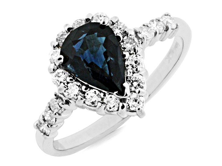 14K WHITE GOLD 1.47CT PEAR SHAPED SAPPHIRE RING WITH .45CTTW ROUND I1 CLARITY & HI COLOR DIAMONDS SET IN THE HALO AND HALFWAY DOWN THE SHANK