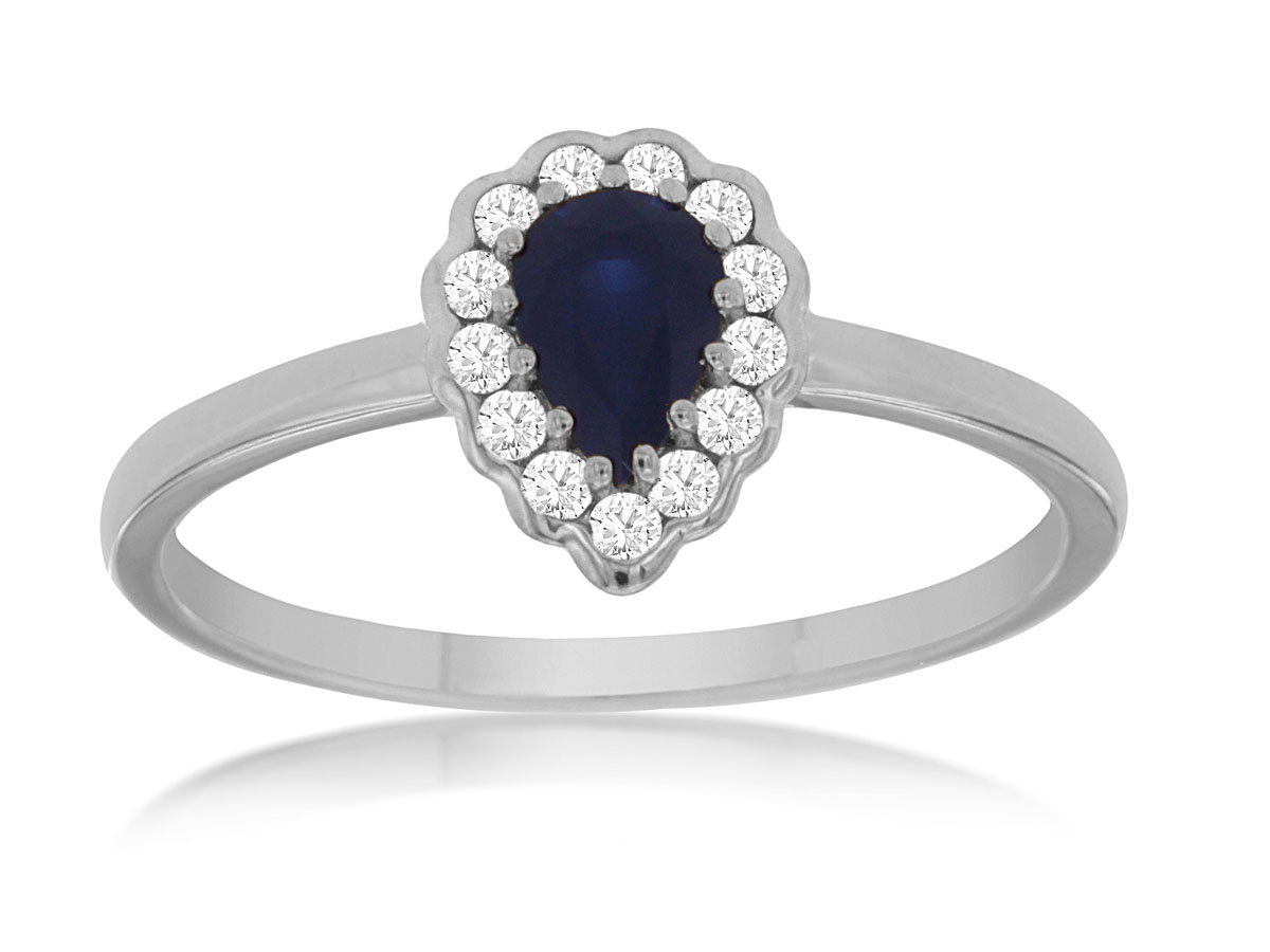14K WHITE GOLD .52CT PEAR SHAPED SAPPHIRE RING WITH .14CTTW ROUND I1 CLARITY & HI COLOR DIAMONDS SET IN THE HALO