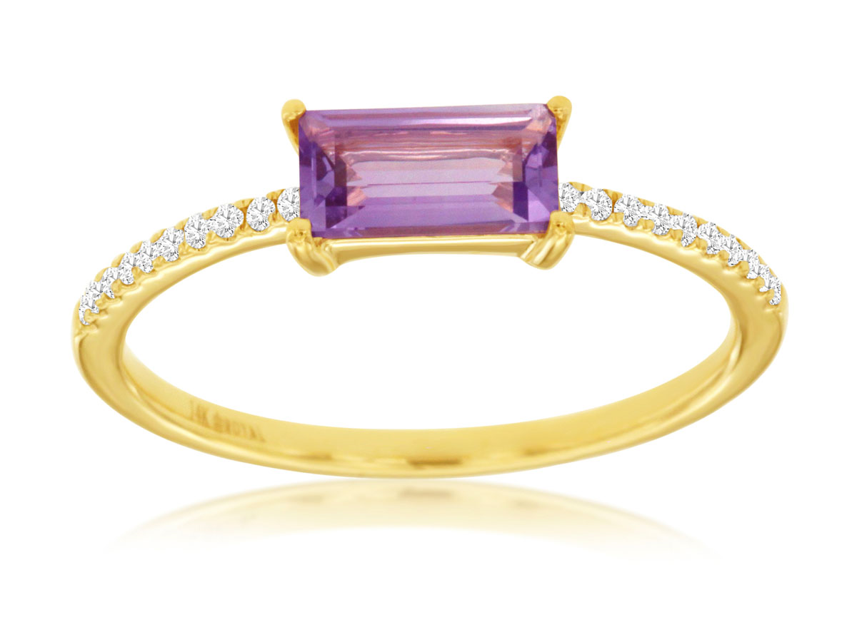 14K YELLOW GOLD .50CT BAGUETTE AMETHYST RING WITH .08CTTW ROUND I1 CLARITY & HI COLOR DIAMONDS DOWN THE SHANK