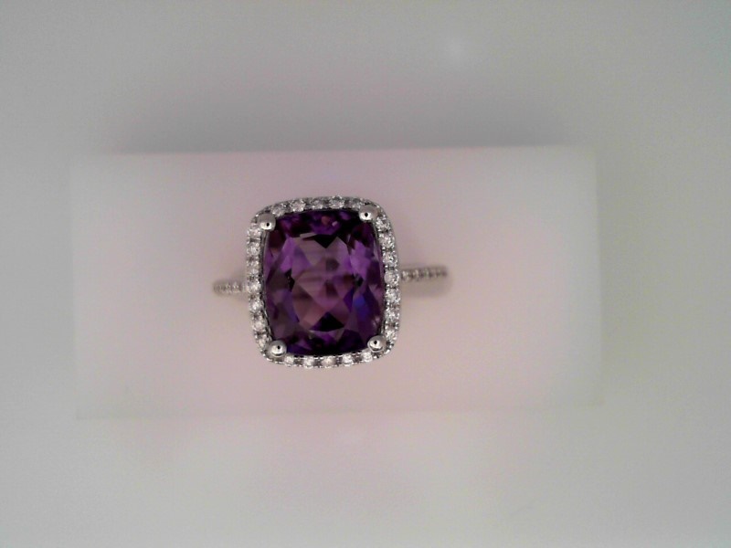 14K WHITE GOLD 3.75CT CUSHION SHAPE AMETHYS RING WITH .30CTTW ROUND I1 CLARITY & HI COLOR DIAMONDS SET IN THE HALO