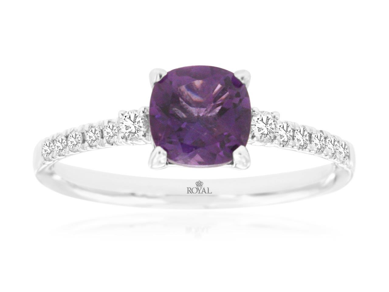 14K WHITE GOLD .85CT SQUARE AMETHYST RING WITH .15CTTW ROUND I1 CLARITY & HI COLOR DIAMONDS SET DOWN THE SHANK