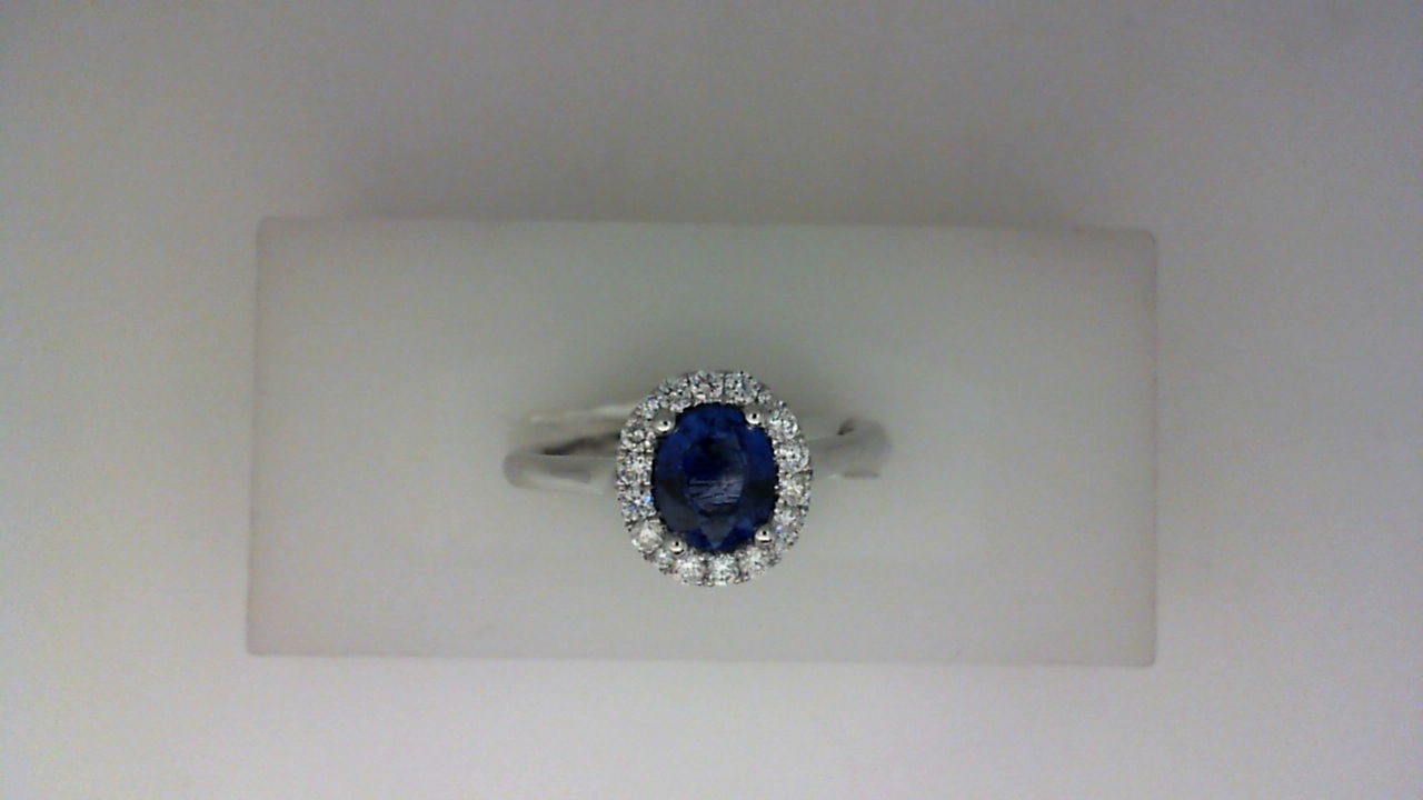 14K WHITE GOLD .85CT OVAL SAPPHIRE RING WITH .19CTTW ROUND SI CLARITY & GCOLOR DIAMONDS SET IN THE HALO