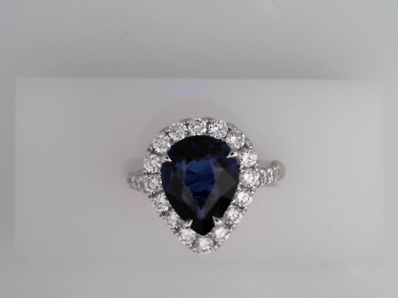 18K WHITE GOLD 3.06CT PEAR SHAPED SAPPHIRE RING WITH .90CTTW ROUND SI CLARITY & G COLOR DIAMONDS SET IN THE HALO AND DOWN THE SHANK