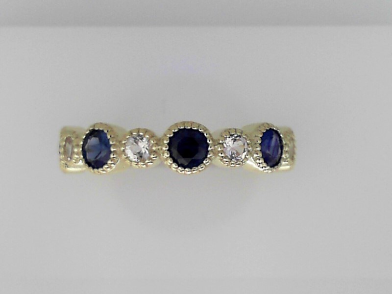 14K GREEN GOLD MILRAIN TEXTURE BEZEL SET STACKABLE BAND WITH (5) .75CTTW ROUND BLUE SAPPHIRES AND (6) .30CTTW ROUND SI CLARITY & G COLOR DIAMONDS
