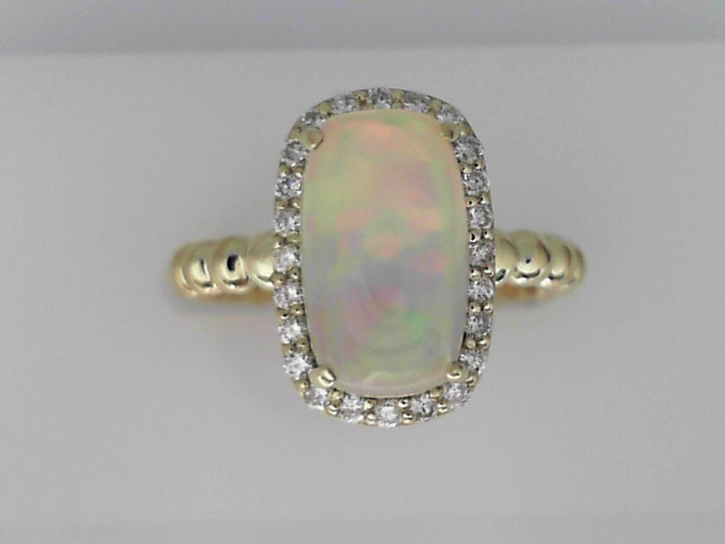 14K GREEN GOLD OPAL RING WITH .28CTTW ROUND SI CLARITY & G COLOR DIAMONDS SET IN THE HALO ON A BEADED SHANK