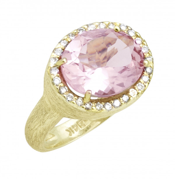 14K GREEN GOLD FLORENTINE TEXTURED OVAL MORGANITE RING WITH .28CTTW ROUND SI CLARITY & G COLOR DIAMONDS SET IN THE HALO