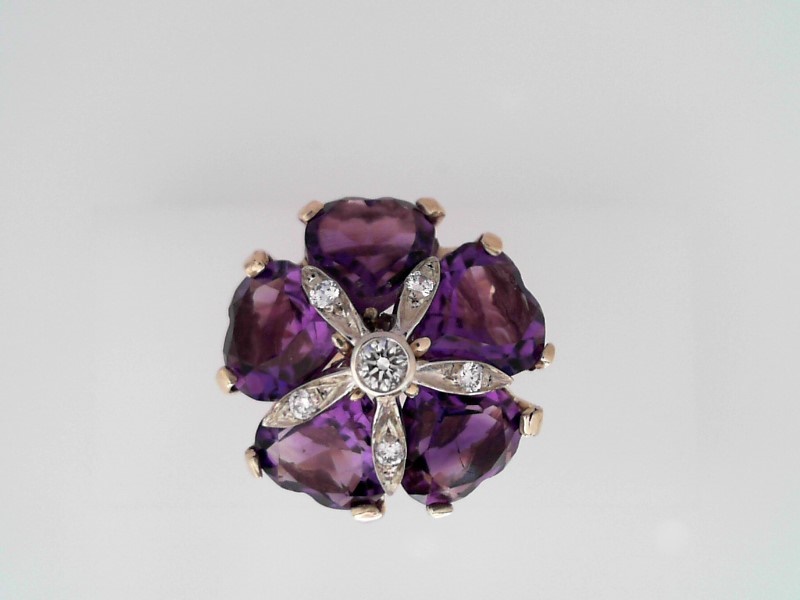 14K YELLOW GOLD 5 HEART SAHAPED AMETHYST FLOWER RING WITH .20CTTW ROUND SI CLARITY & G COLOR DIAMONDS