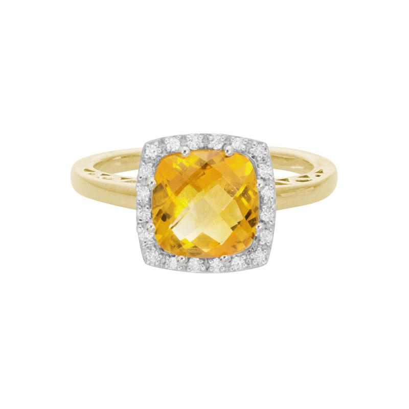 14K YELLOW GOLD 8MM (2.03CT) CHECKERBOARD CUT SQUARE CUSHION CITRINE RING WITH .10CTTW ROUND SI CLARITY & GH COLOR DIAMONDS SET IN THE HALO