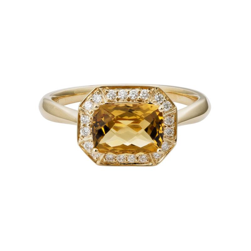 14K YELLOW GOLD 8MMX6MM RECTANGLE CUSHION  CHECKERBOARD CUT CITRINE RING WITH .14CTTW ROUND SI CLARITY & GH COLOR DIAMONDS SET IN THE HALO