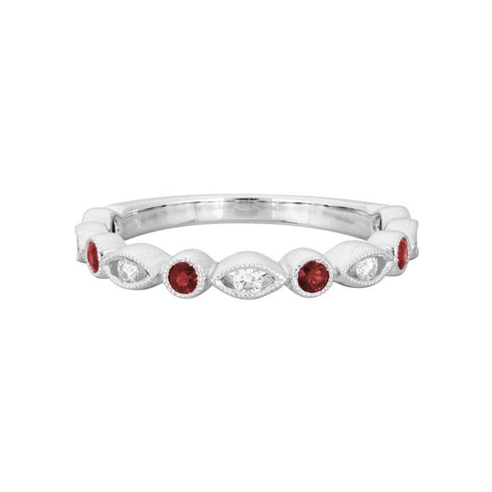 14K WHITE GOLD SCALLOPED BAND WITH .27CTTW (6) ROUND RUBIES AND .10CTTW (5)  ROUND SI CLARITY & GH COLOR DIAMONDS WITH BEADED EDGE