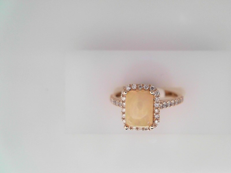 14K ROSE GOLD .90CT RECTANGLE OPAL RING WITH .45CTTW ROUND I1 CLARITY & HI COLOR DIAMONDS SET IN THE HALO AND DOWN THE SHANK