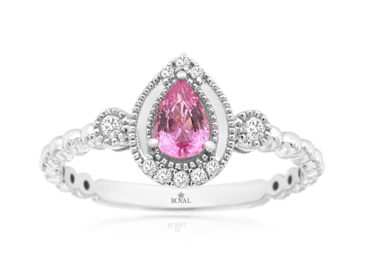 14K WHITE GOLD BEADED SHANK RING WITH A .43CT PEAR SHAPED PINK SAPPHIRE WITH .10CTTW ROUND I1 CLARITY & HI COLOR DIAMONDS