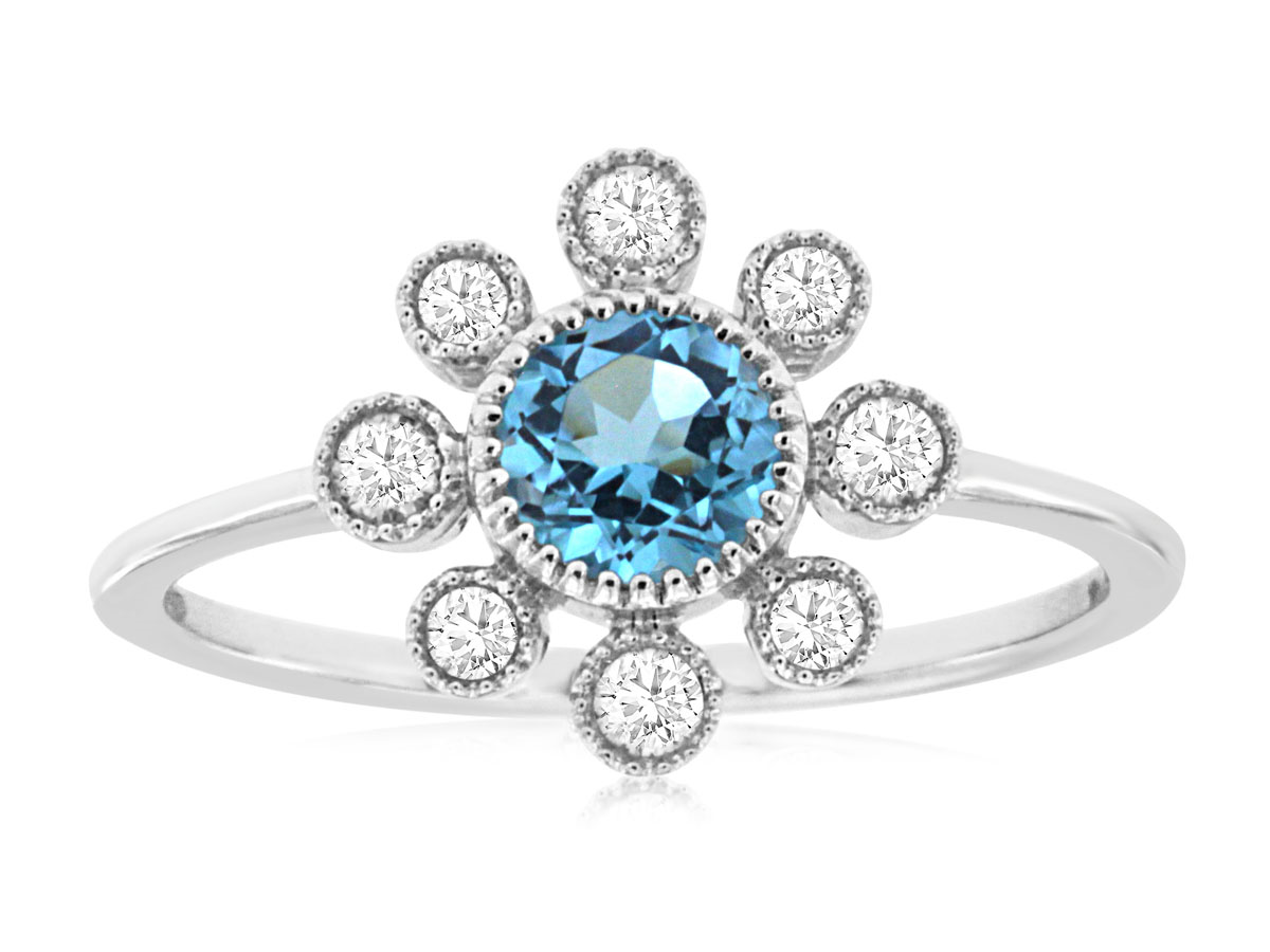 14K WHITE GOLD FLORAL RING WITH A .55CT ROUND BEZE SET BLUE TOPAZ AND .19CTTW ROUND I1 CLARITY & HI COLOR DIAMONDS