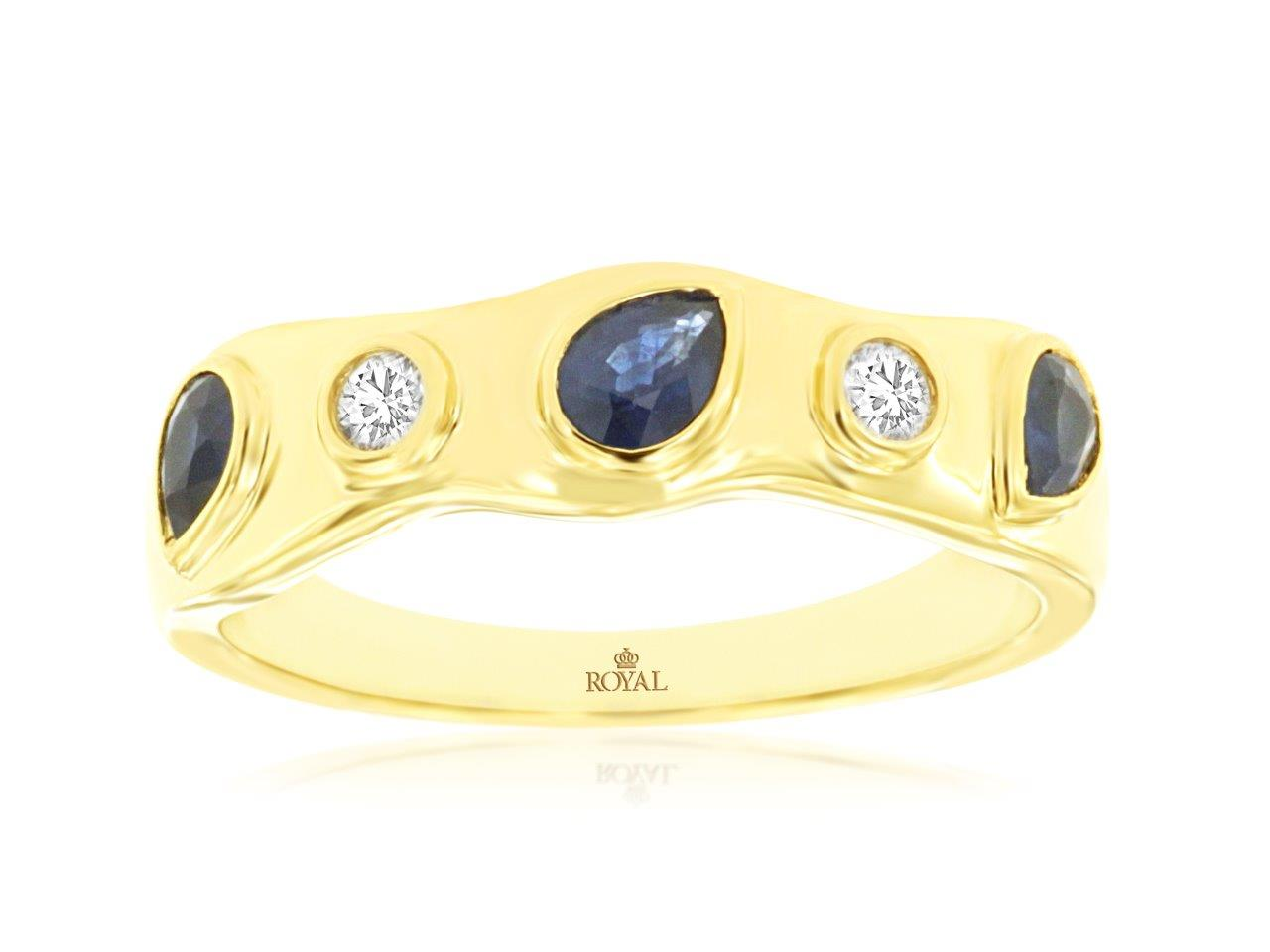 14K YELLOW GOLD BAND WITH .53CTTW PEAR SHAPE SAPPHIRES AND .10CTTW ROUND I1 CLARITY & HI COLOR DIAMONDS