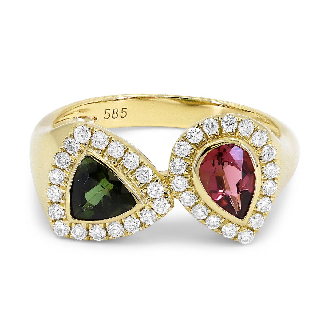 14K YELLOW GOLD RING WITH A .48CT BEZEL SET TRILLION TOURMALINE, A .40CT BEZEL SET PEAR SHAPED PINK TOURMALINE WITH .30CTTW ROUND SI CLARITY & GH COLOR DIAMONDS SET IN THE HALOS