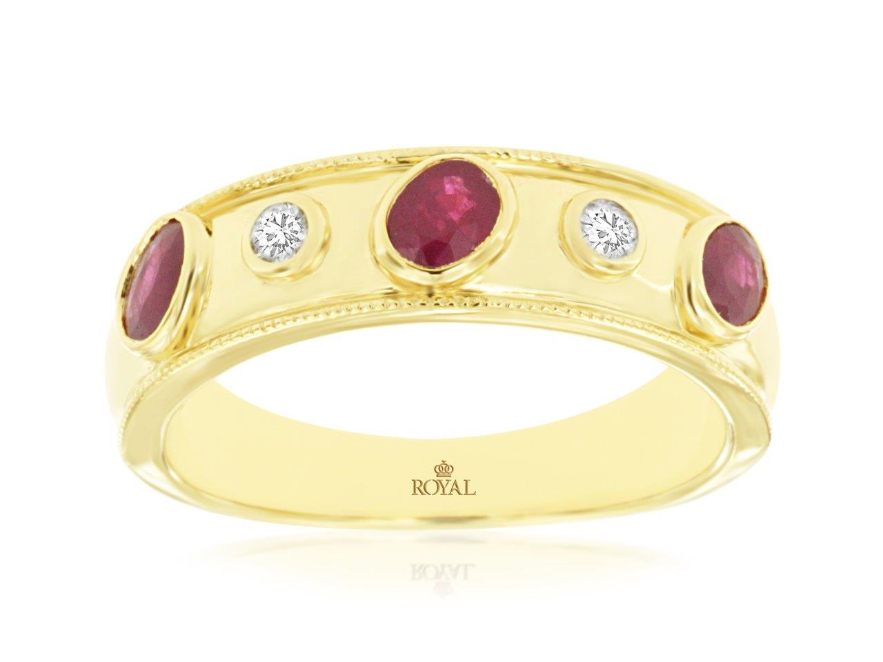 14K YELLOW GOLD BAND WITH .53CTTW BEZEL SET RUBIES AND .10CTTW ROUND I CLARITY & HI COLOR DIAMONDS
