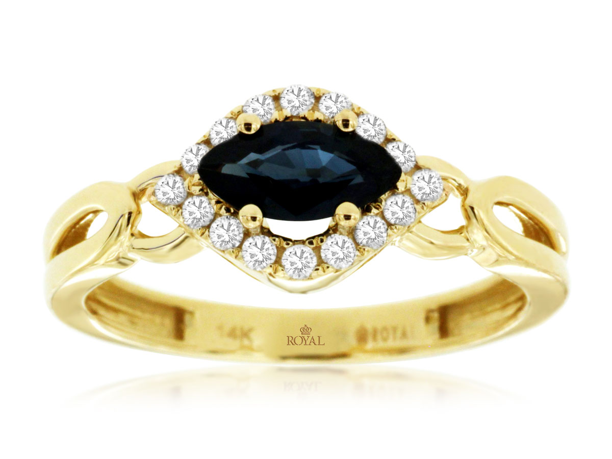 14K YELLOW GOLD CROSSOVER BAND RING WITH A .73CT MARQUISE SAPPHIRE AND .16CTTW ROUND I1 CLARITY & HI COLOR DIAMONDS SET IN THE HALO