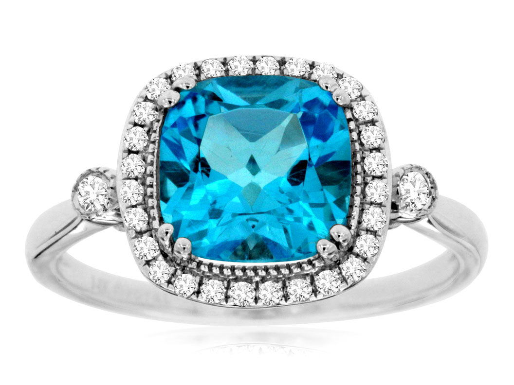 14K WHITE GOLD 2.60CT SQUARE CUSHION BLUE TOPAZ WITH .18CTTW ROUND I1 CLARITY & HI COLOR DIAMONDS SET IN THE HALO AND SIDES