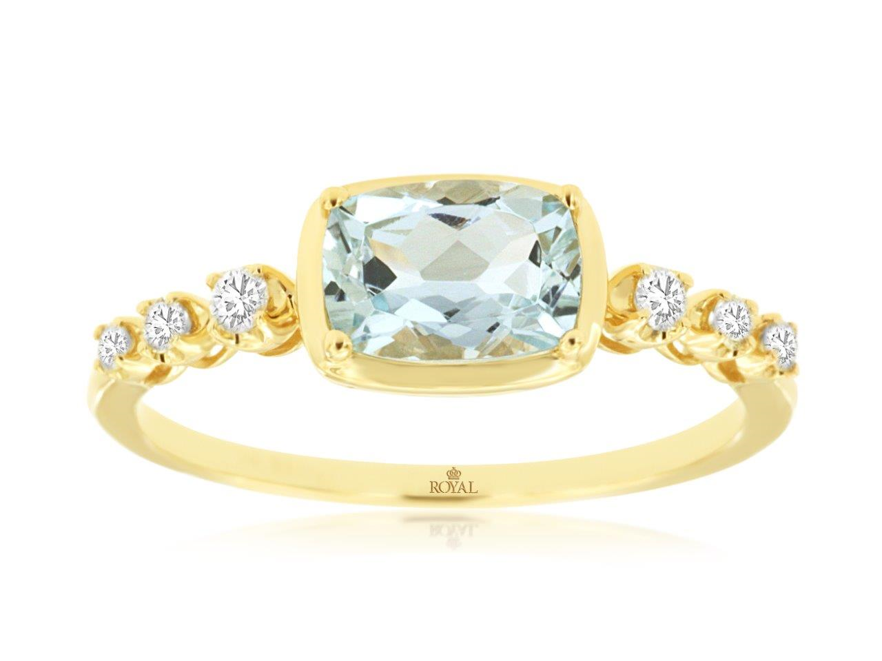 14K YELLOW  GOLD 1CT AQUAMARINE RING WITH .15CTTW ROUND I1 CLARITY & HI COLOR DIAMONDS SET DOWN THE SHANK