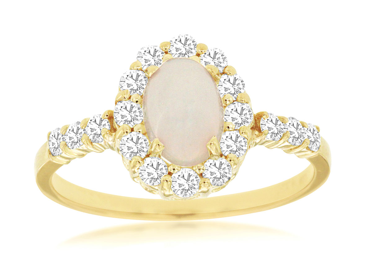 14K YELLOW GOLD .50CT OVAL OPAL RING WITH .47CTTW ROUND I1 CLARITY & HI COLOR DIAMONDS SET IN THE HALO AND DOWN THE SHANK