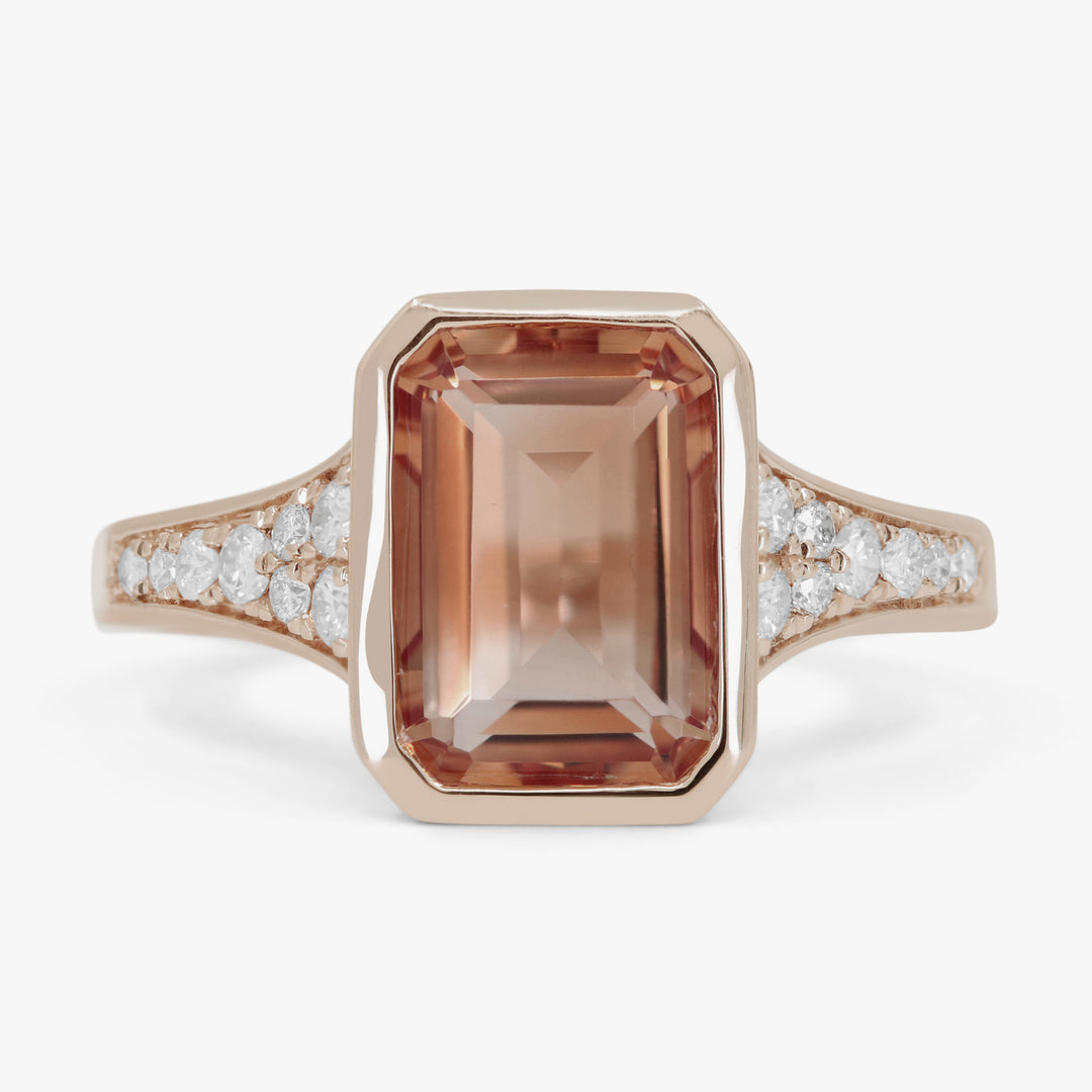 14K ROSE GOLD RING WITH A 2.80CT EMERALD CUT MORGANITE AND.21CTTW ROUND SI CLARITY & HI COLOR DIAMONDS SET IN THE SIDES