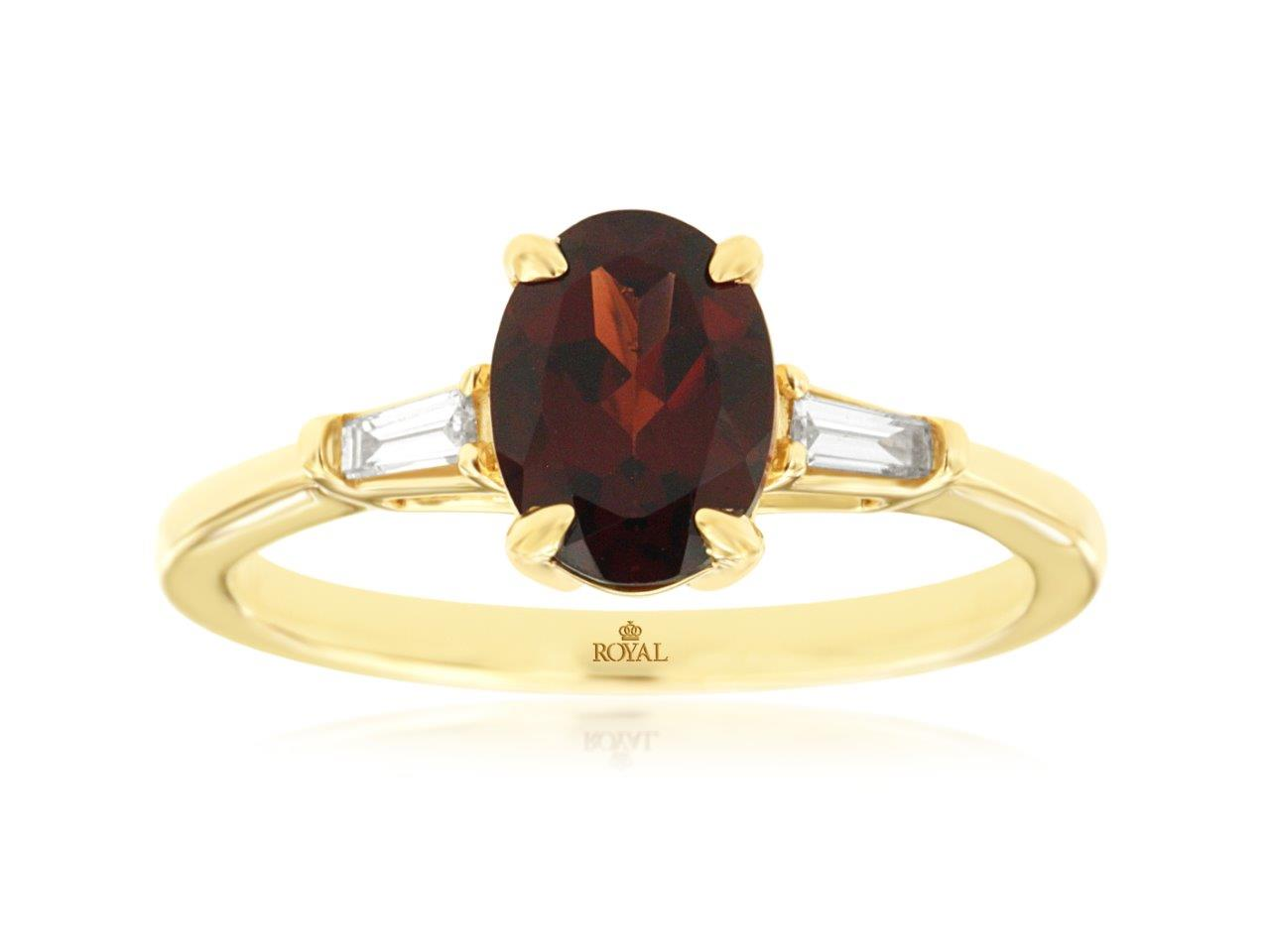 14K YELLOW GOLD 1.40CT OVAL GARNET RING WITH .11CTTW BAGUETTE I1 CLARITY & HI COLOR SIDE DIAMONDS