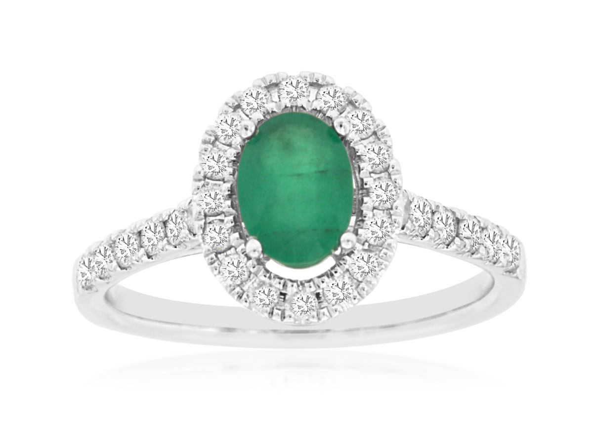 14K WHITE GOLD .75CT OVAL EMERALD RING WITH .47CTTW ROUND I1 CLARITY & HI COLOR DIAMONDS SET DOWN THE SHANK AND IN THE HALO