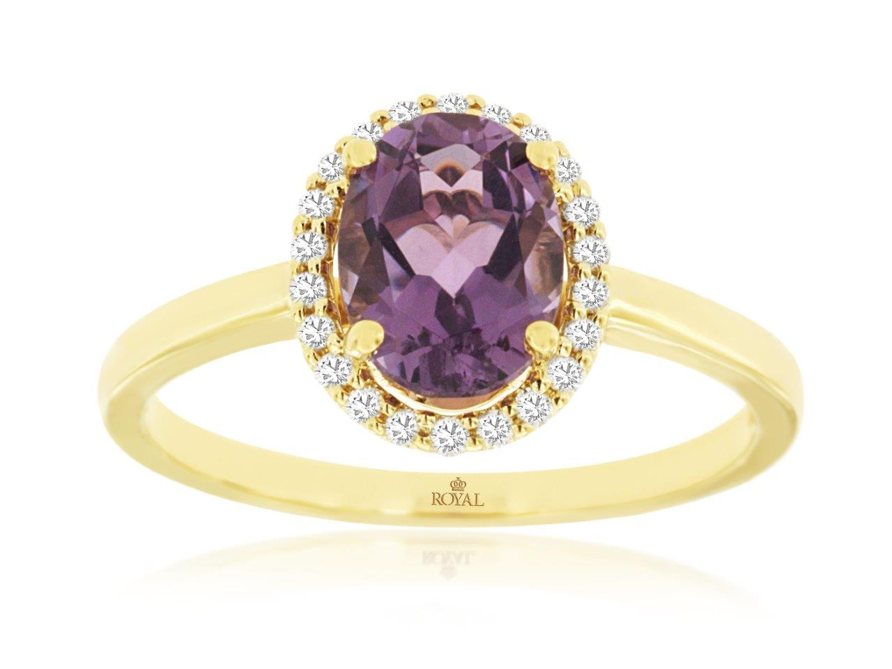 14K YELLOW GOLD POLISHED SHANK WITH WITH A 1.10CT OVAL AMETHYST RING WITH .12CTTW ROUND I1 CLARITY & HI COLOR DIAMONDS SET IN THE HALO