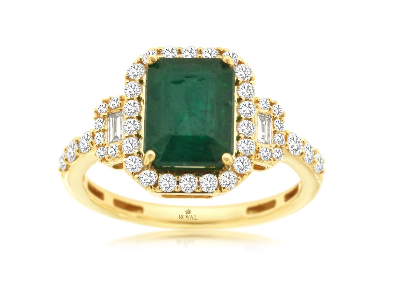 14K YELLOW GOLD 2.15CT EMERALD CUT EMERALD RING WITH .50CTTW ROUND I1 CLARITY & HI COLOR DIAMONDS SET DOWN THE SHANKAND INTHE HALO WITH BAGUETTE SIDES