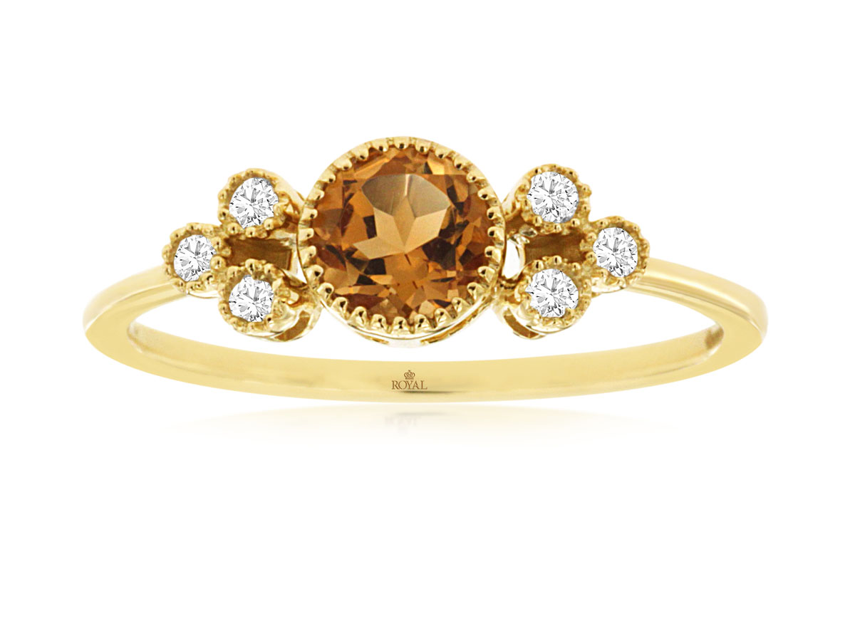 14K YELLOW GOLD .45CT ROUND CITRINE RING WITH .07CTTW ROUND I1 CLARITY & HI COLOR DIAMOND SET IN BEADED BEZELS