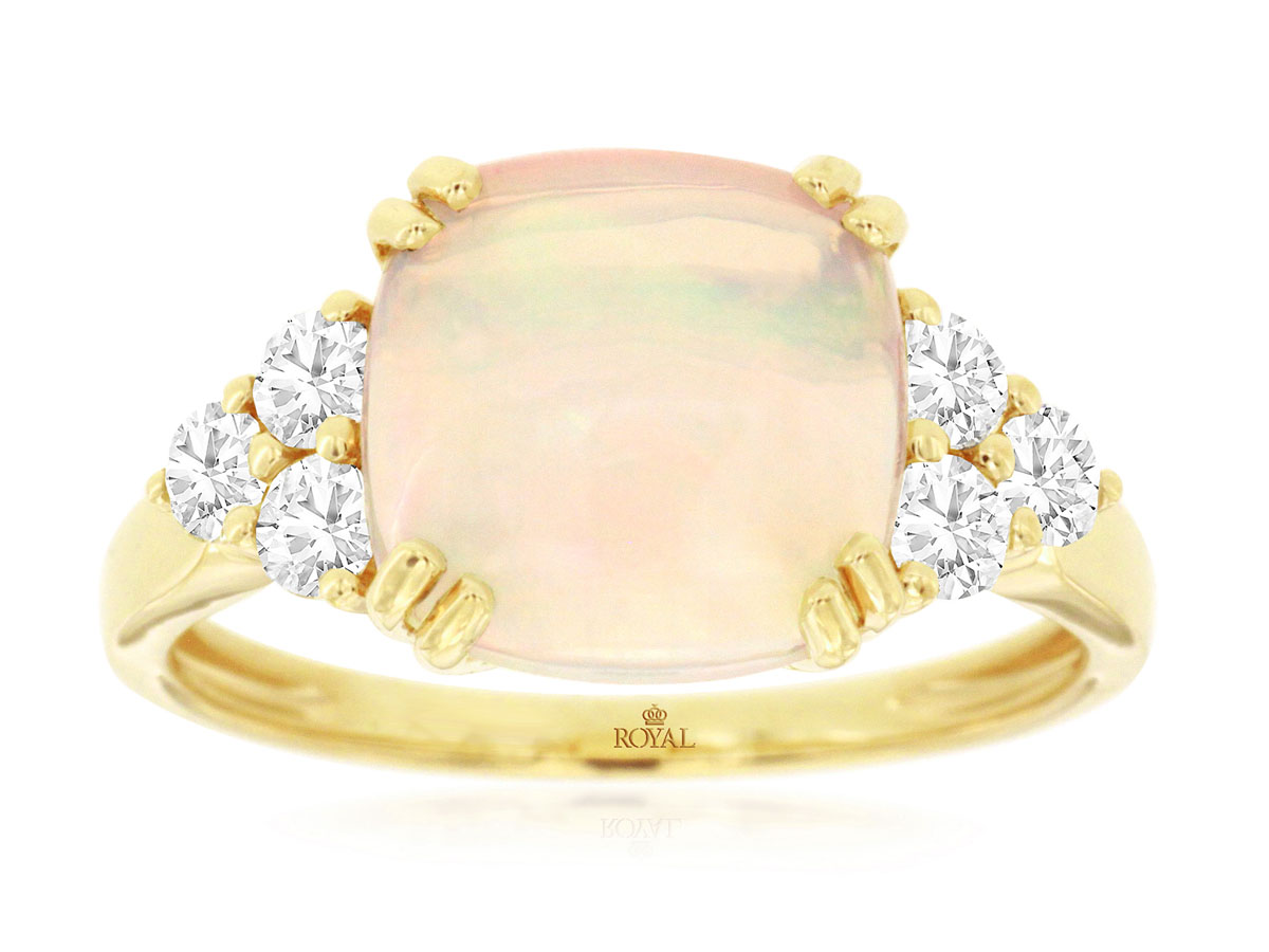 14K YELLOW GOLD 2.60CT SQUARE OPAL RINGWITH .45CTTW ROUND I1 CLARITY & HI COLOR DIAMONDS SET ON THE SIDES