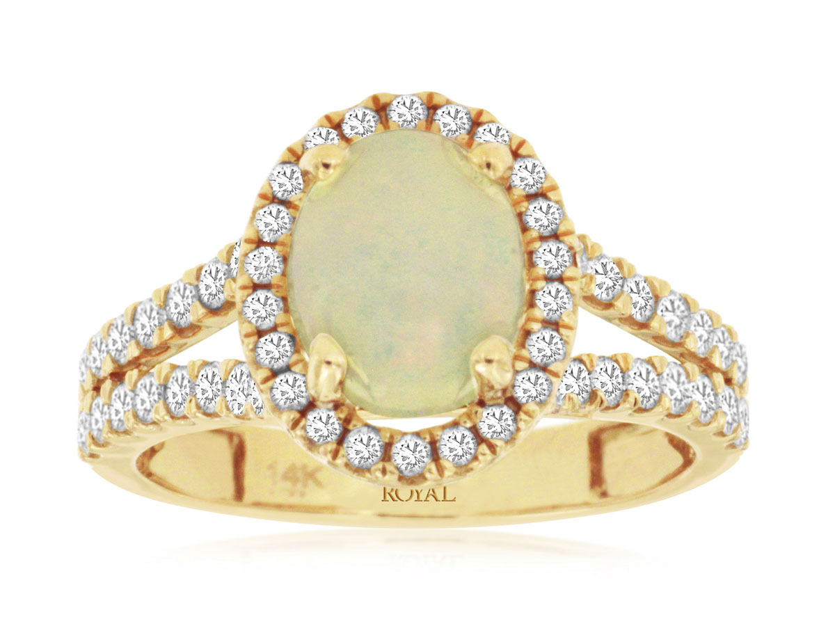14K YELLOW GOLD SPLIT SHANK RING WITH A 1.10CT OVAL OPAL AND .72CTTW ROUND I1 CLARITY & HI COLOR DIAMONDS