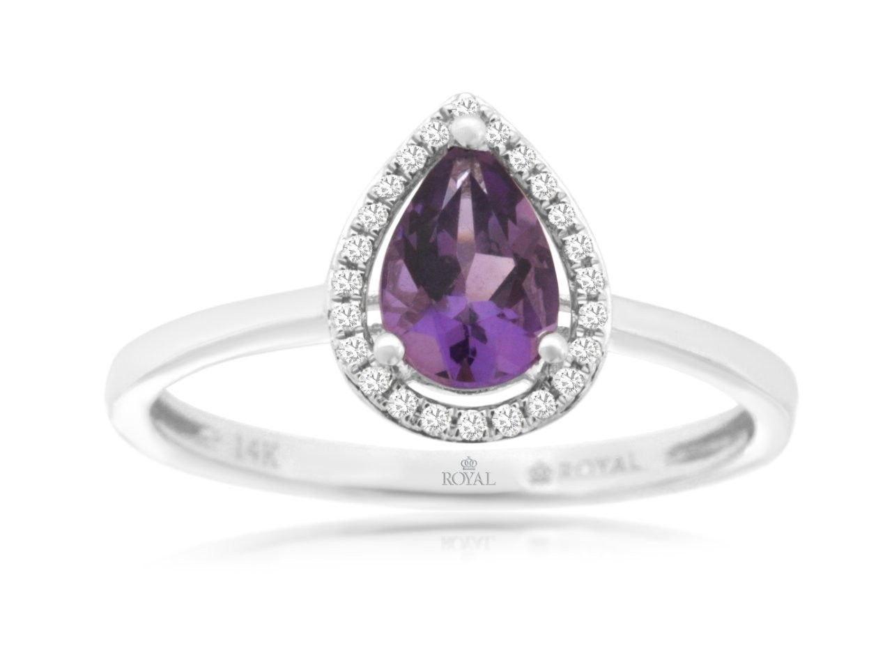 14K WHITE GOLD .82CT PEAR SHAPED AMETHYST RING WITH .08CTTW ROUND I1 CLARITY & HI COLOR DIAMONDS SET IN THE HALO