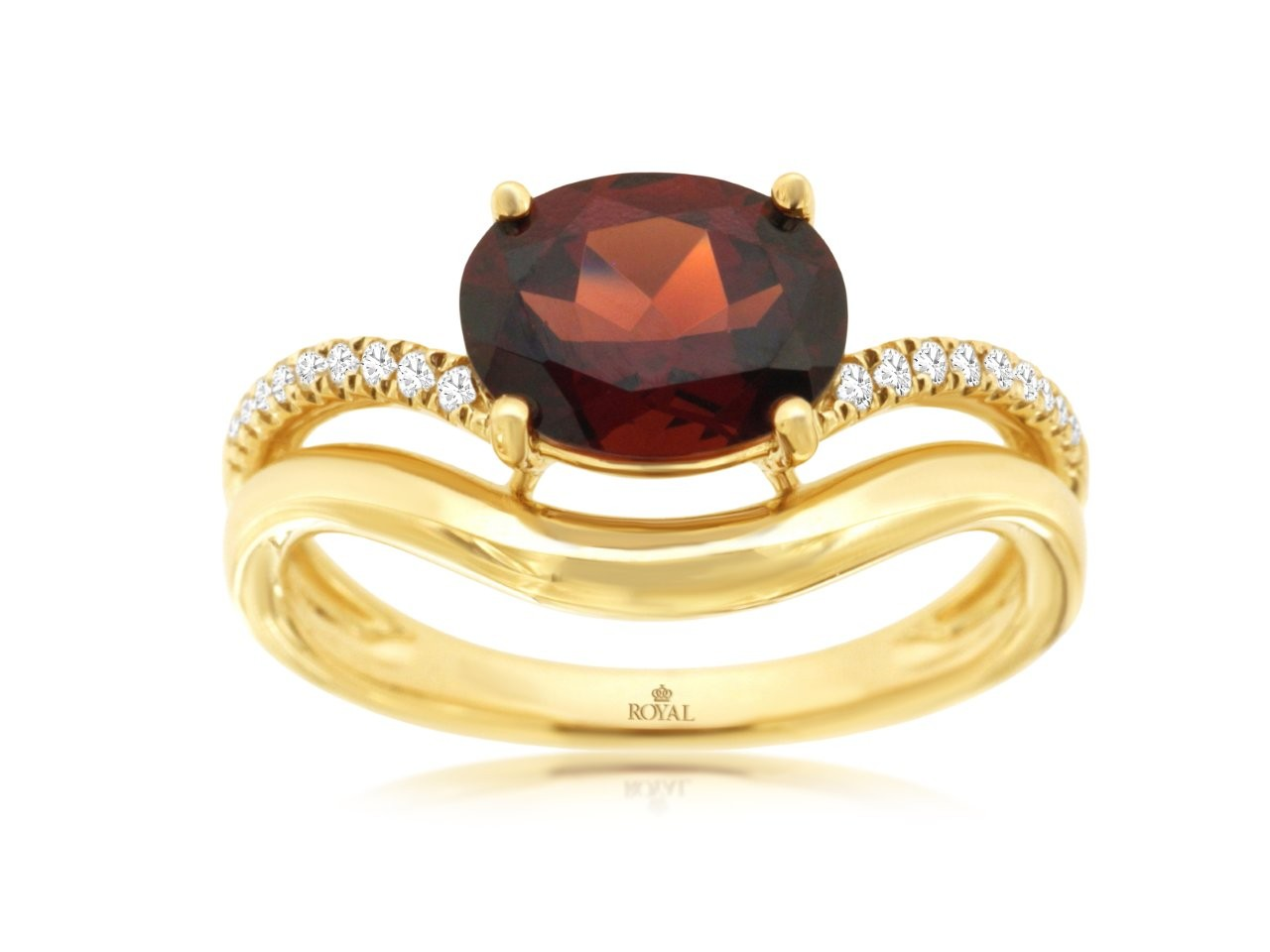 14K YELLOW GOLD CURVED BAND RING WITH A 2.20CT OVAL GARNET AND .10CTTW ROUND I1 CLARITY & HI COLOR DIAMONDS