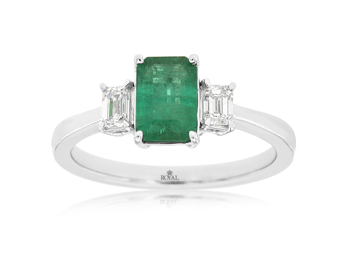 14K WHITE GOLD 1CT EMERALD CUT EMERALD RING WITH .28CTTW EMERALD CUT I1 CLARITY & HI COLOR DIAMOND SIDES