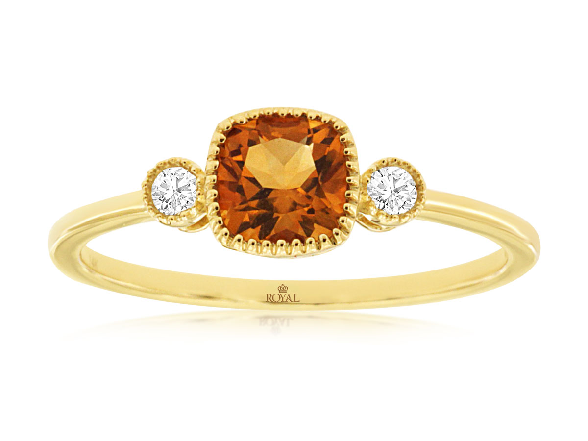 14K YELLOW GOLD .55CT SQUARE BEADED BEZEL SET CITRINE RING WITH .06CTTW ROUND I1 CLARITY & HI COLOR SIDE DIAMONDS