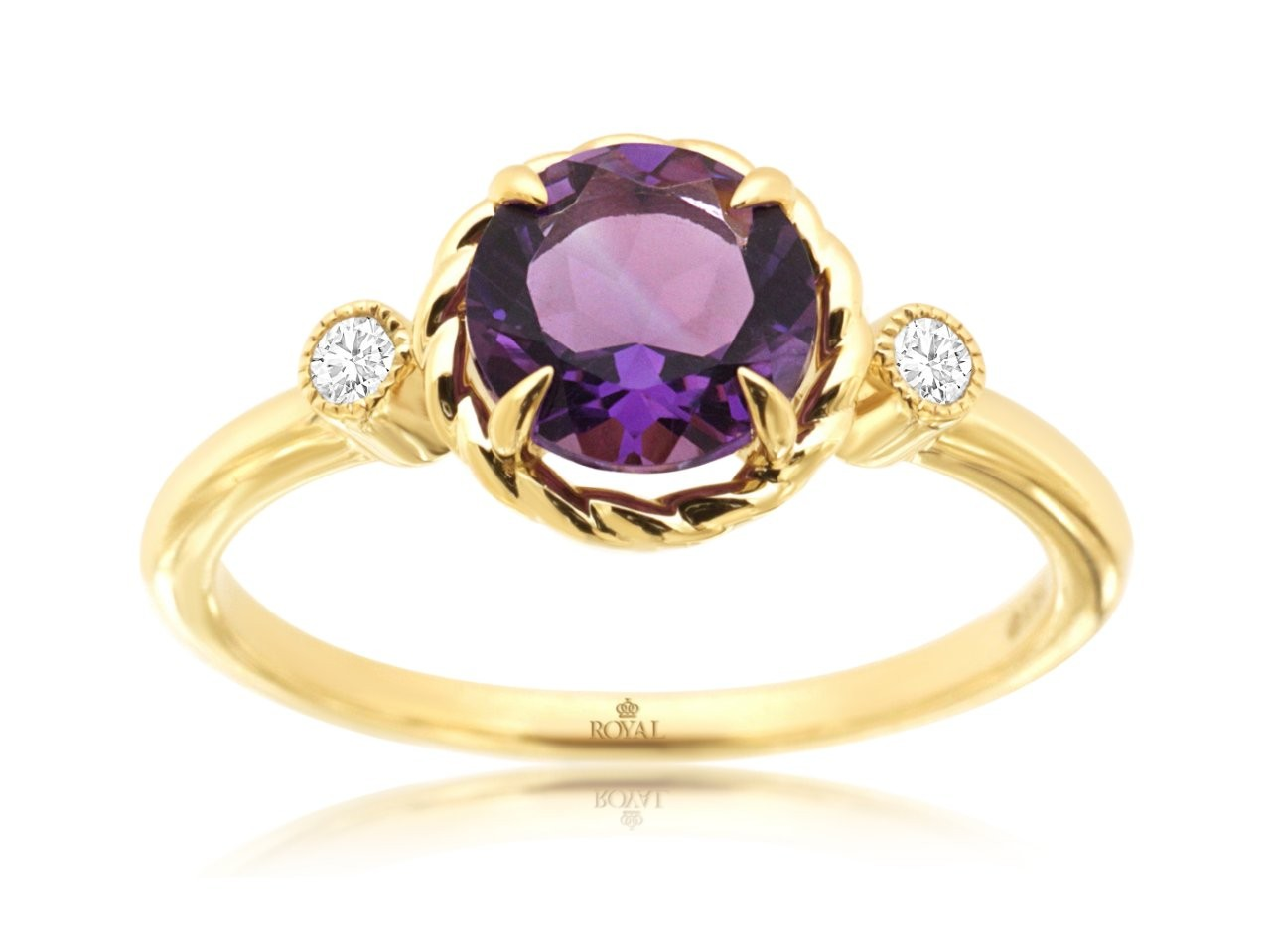 14K YELLOW 1.25CT ROUND AMETHYST RING WITH A ROPE DESIGN AND .08CTTW ROUND SIDE I1 CLARITY & HI COLOR DIAMONDS SET IN BEADED BEZELS