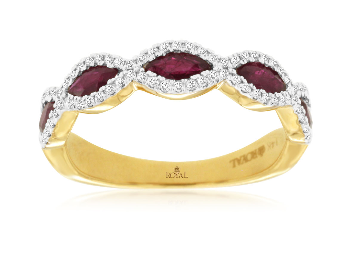 14K YELLOW GOLD BAND WITH .80CTTW MARQUISE RUBIES WITH .22CTTW ROUND I1 CLARITY & HI COLOR DIAMONDS SET LONG THE EDGES