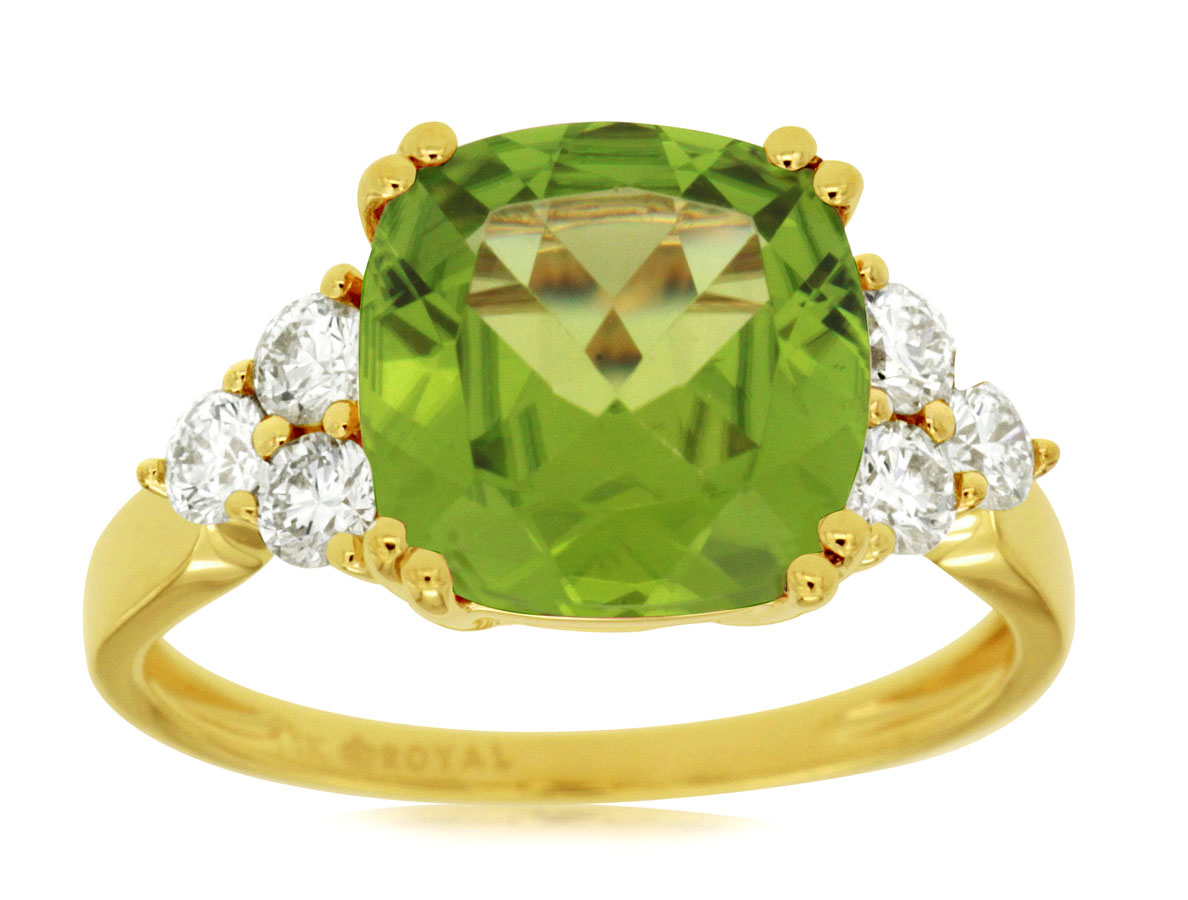 14K YELLOW GOLD 4.20CT SQUARE CUSHION PERIDOT RING WITH .45CTTW ROUND I1 CLARITY & HI COLOR DIAMONDS