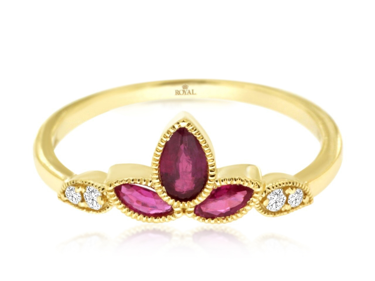 14K YELLOW GOLD RING WITH .42CTTW PEAR AND MARQUISE RUBIES WITH .06CTTW ROUND I1 CLARITY & HI COLOR DIAMONDS
