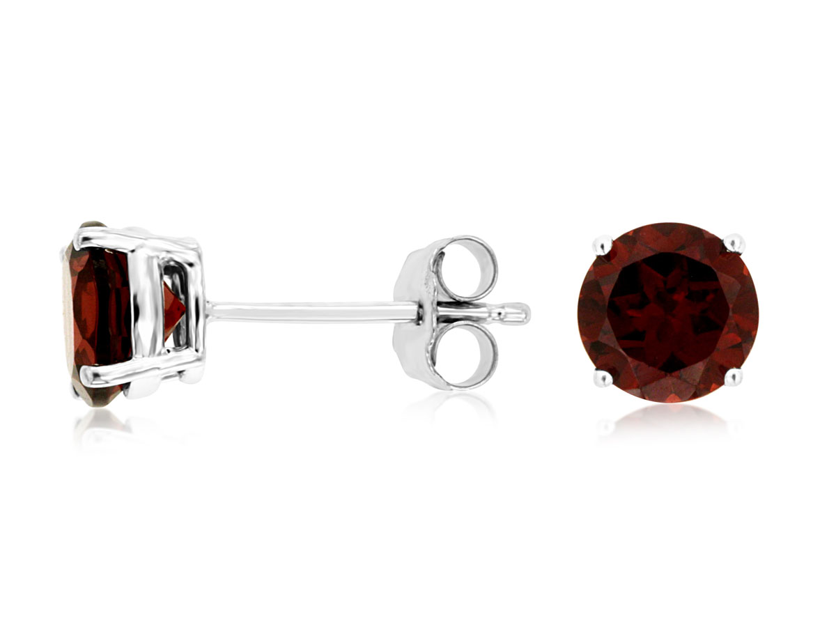 14K WHITE GOLD 6MM ROUND GARNET STUD EARRINGS SET IN FOUR PRONG BASKETS
