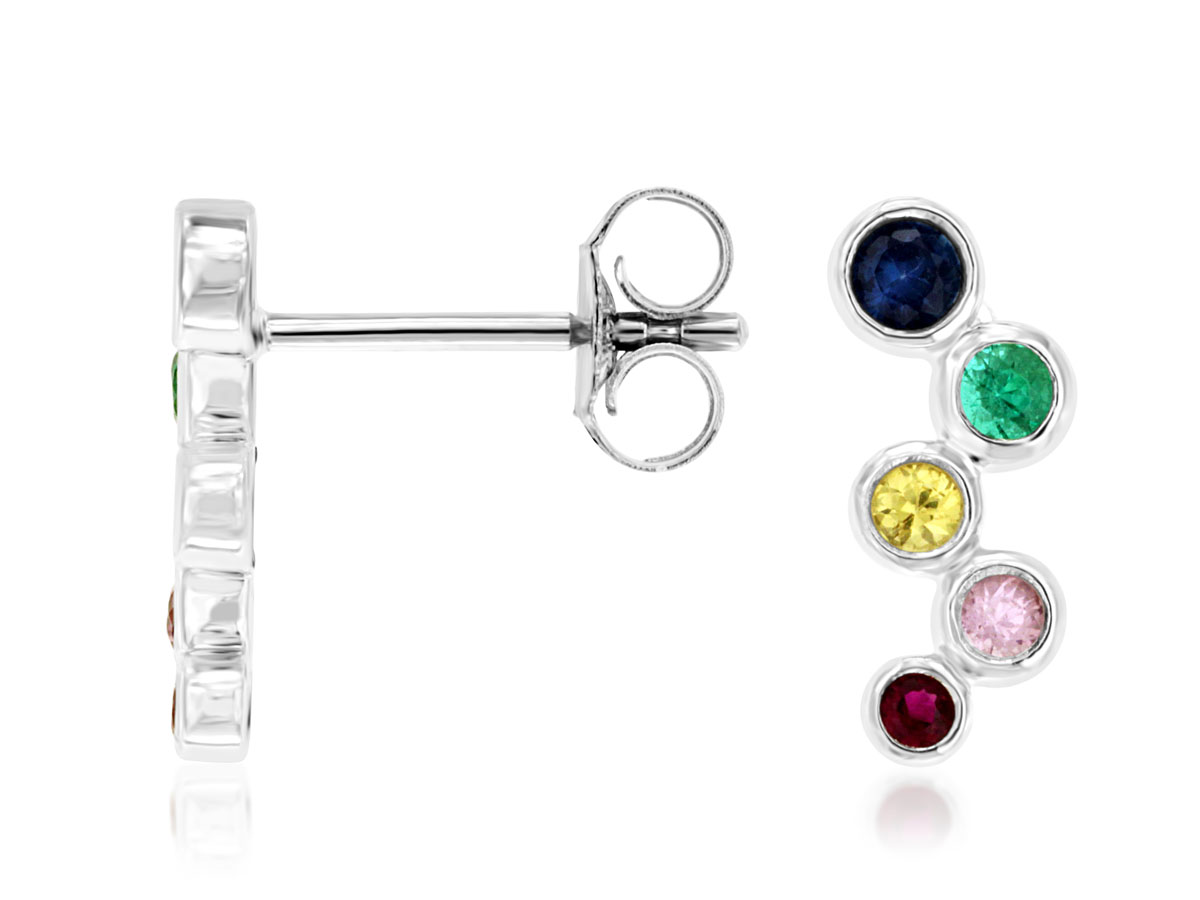 14K WHITE GOLD POST EARRINGS WITH .34CTTW BEZEL SET ROUND MULTI COLORED SAPPHIRES