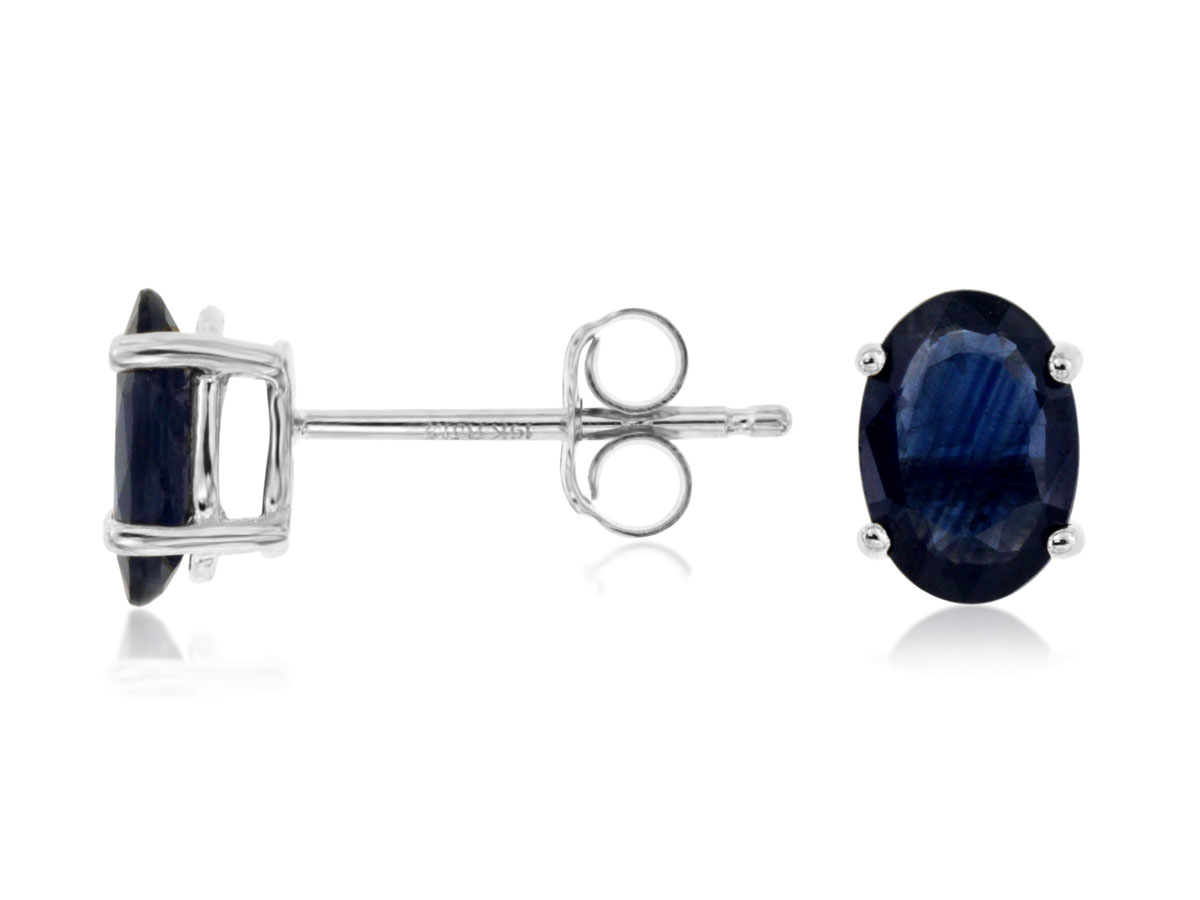 14K WHITE GOLD 7X5MM OVAL SAPPHIRE STUD EARRINGS SET IN FOUR PRONG BASKETS
