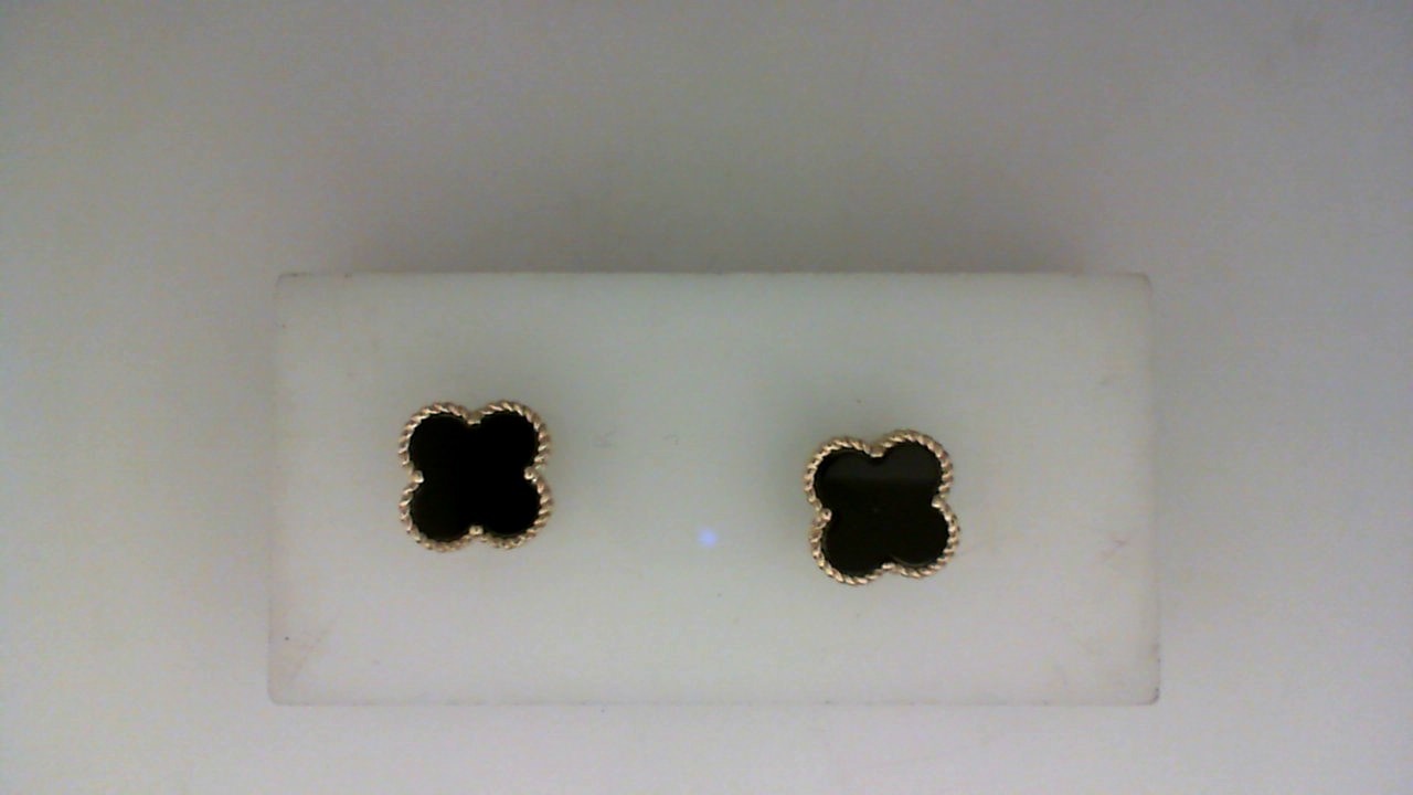 14K YELLOW GOLD BEADED CLOVER POST BLACK ONYX EARRINGS