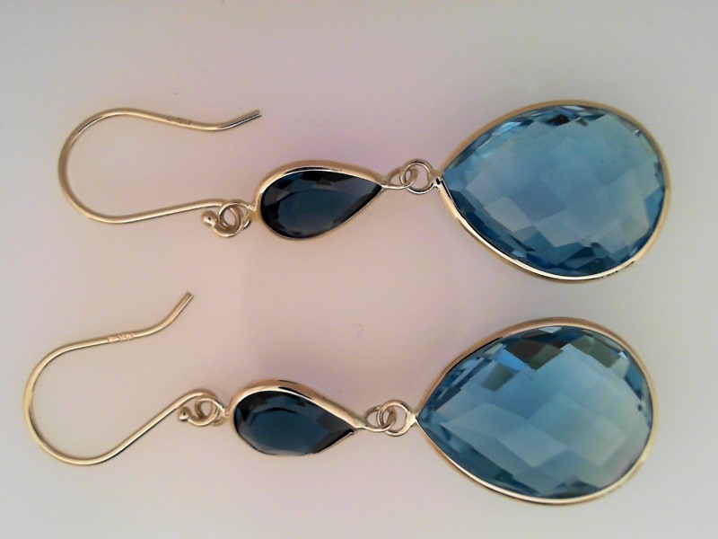 14K YELLOW GOLD DOUBLE BEZEL SET PEAR SHAPED FACETED LONDON BLUE AND SKY BLUE TOPAZ DROP EARRINGS ON WIRES