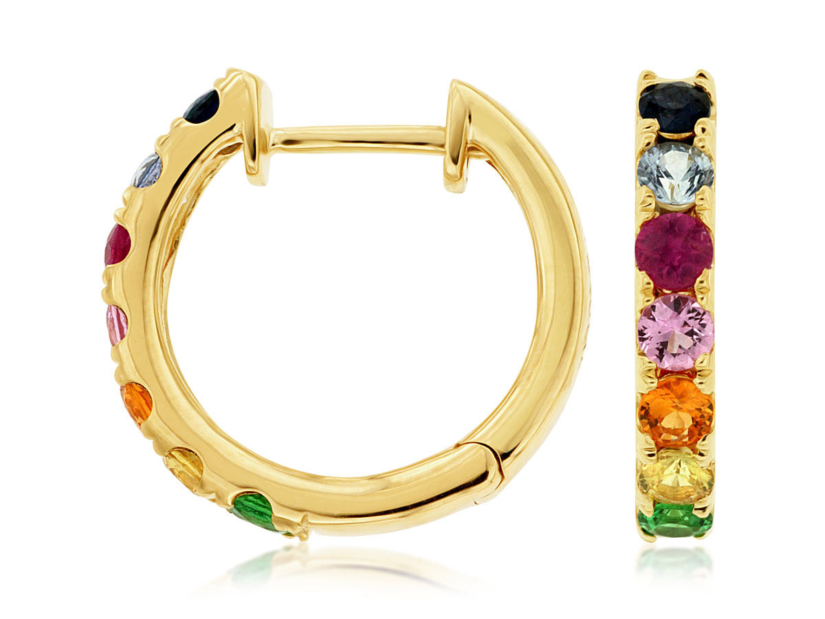 14K YELLOW GOLD SMALL HOOP EARRINGS WITH MULTI COLOR ROUND SAPPHIRES