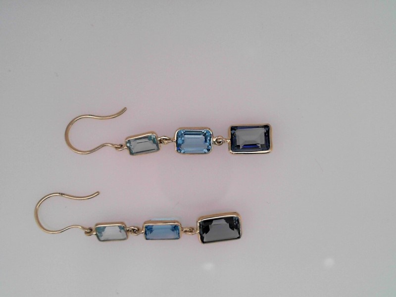 14K YELLOW GOLD TRIPLE DROP EMERALD CUT MULTI COLORED BLUE TOPAZ EARRINGS