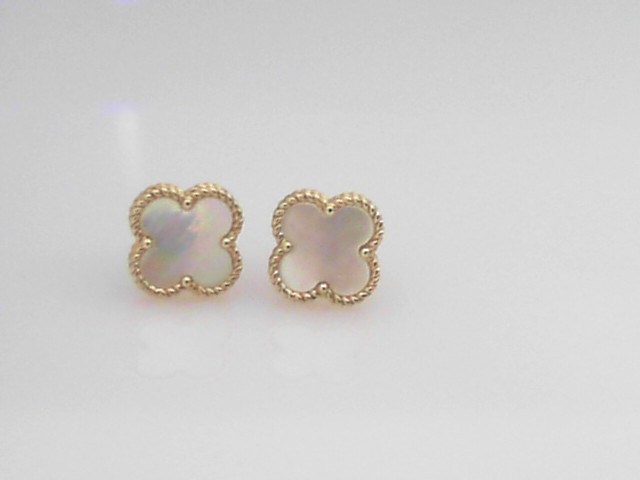 14K YELLOW GOLD BEADED CLOVER POST WHITE MOTHER OF PEARL EARRINGS