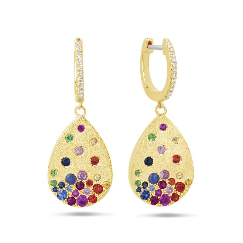 14K YELLOW GOLD CONFETTI SATIN FINISH PEAR DROP EARRINGS WITH 1.04CTTW MULTI COLORED SAPPHIRES AND TSAVORITES AND .07CTTW ROUND SI CLARITY & GH COLOR DIAMONDS SET IN THE HOOP