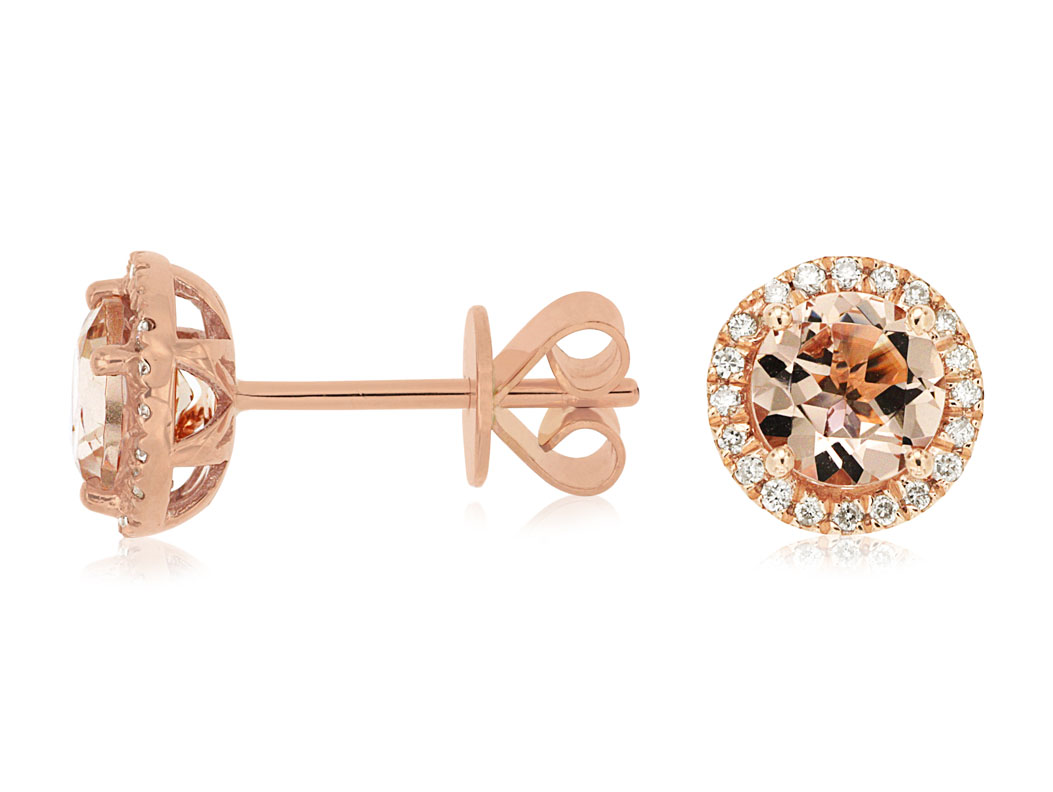 14K ROSE GOLD POST EARRINGS WITH 1.45CTTW ROUND MORGANITE AND .16CTTW ROUND I1 CLARITY & HI COLOR DIAMONDS SET IN THE HALOS